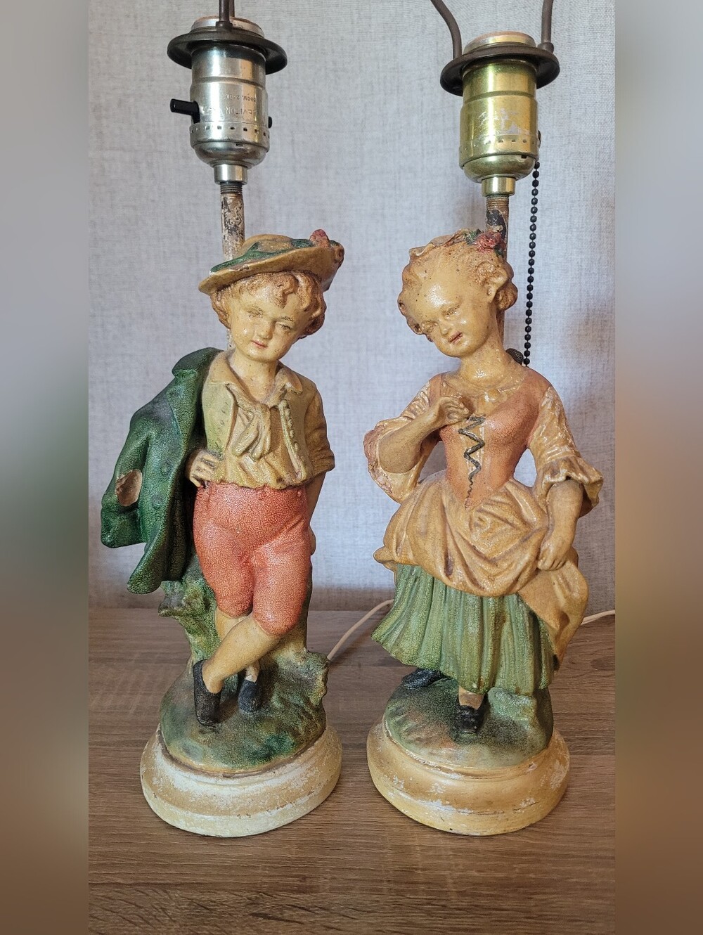 Vintage Pair of Borghese Chalkware Ceramic Figural Table Lamps Antique
